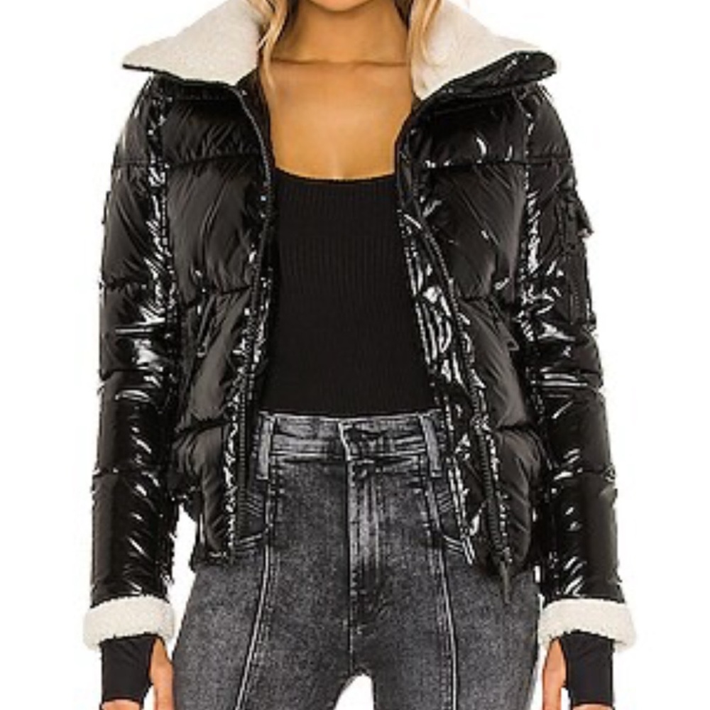 SAM. Glossy Black Puffer Jacket with Cream Accents